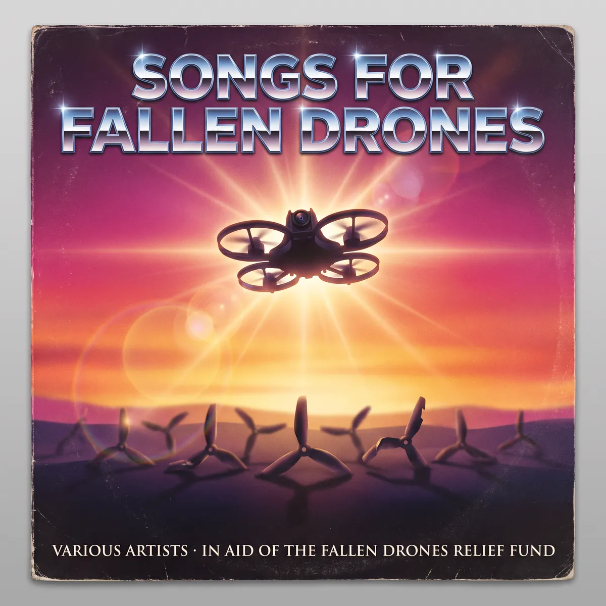 Album cover: a tiny whoop rising heroically into an 80s sunset above a row of fallen propellers